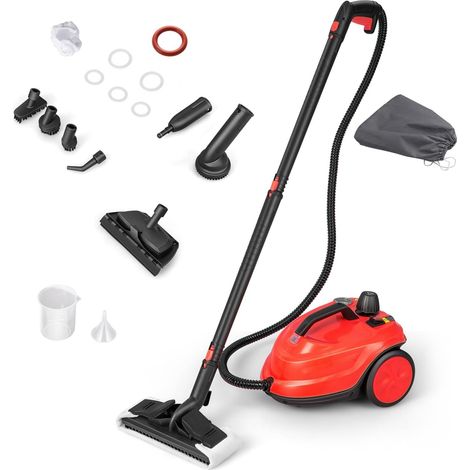 Pulitore a vapore multiuso da 2000 W con 15 accessori e manometri, scopa a vapore con ruote da 5 bar con serbatoio da 1,8 l, rosso (1/5)