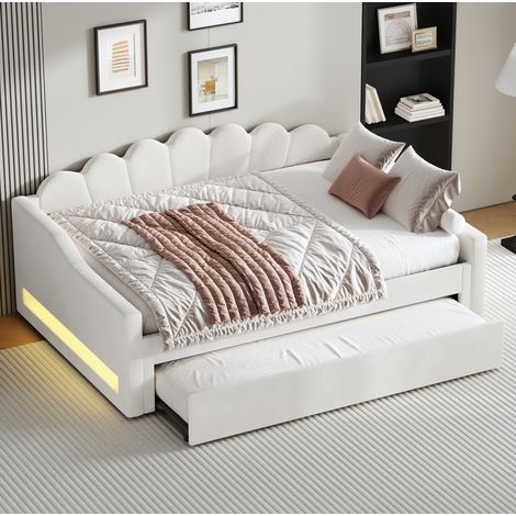 Letto da giorno imbottito in lino beige 140x200 cm con testiera, LED laterali e letto estraibile (1/5)