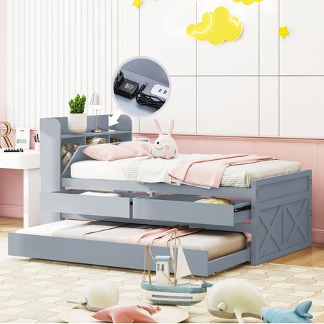 Letto Estraibile 90x190 cm con Struttura in Legno Massello Grigio (1/5)