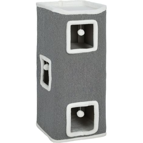 Torre para gatos de 4 niveles con 3 cuevas, tablero aglomerado y pelotas de juego, gris HOMVRA (1/5)