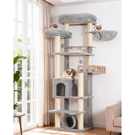 Arbre à Chat avec Station d’Alimentation et Plateforme en Bois, Arbre de 167 cm avec Tunnel et Niche pour Chat, 11 poteaux à griffer en sisal, Plateforme supérieure, Gris Clair (1/5)