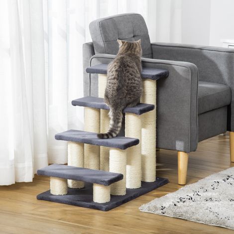 Escalera para Mascotas 60x42x61 cm Escalera para Gatos Perros Mayores Enfermos Pequeños Cubierta Suave de Peluche Rascador de Sisal Estable 4 Pasos Gris (1/5)
