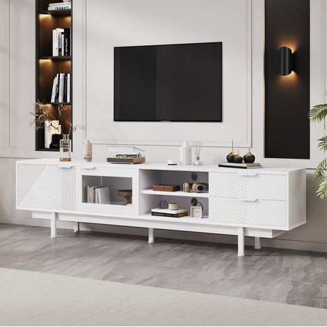 Meuble TV 200 x 40 x 50,5 cm avec 2 portes, 2 tiroirs et étagères ouvertes, blanc DESVIAE (1/5)