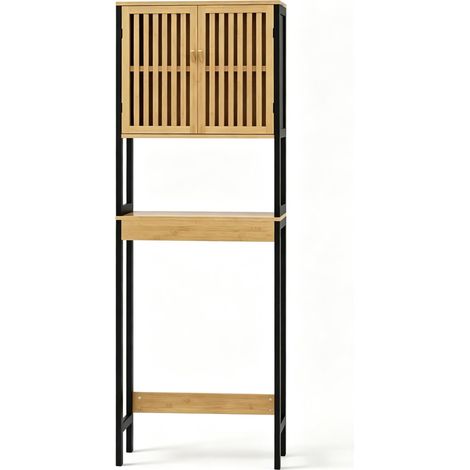 Étagère de salle de bain au-dessus des toilettes, meuble WC en bambou avec armoire 2 portes et étagères ouvertes, rangement pratique (1/5)