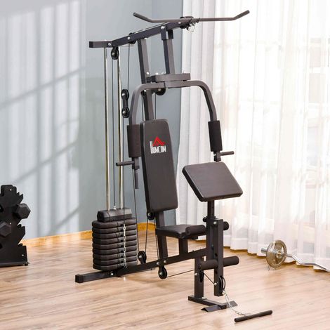 Kraftstation für Zuhause Fitnessstation mit Latzuggerät, Kabelzug, kurzer Bizepsstange, Brustpresse, Beintrainer, Butterfly-Maschine 45kg Gewichten Multifunktion Fitnessstation Schwarz