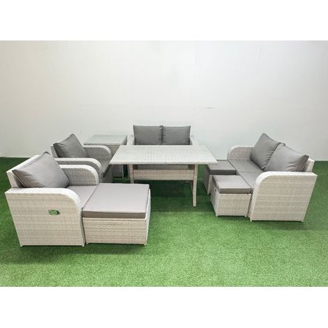 Fimous 9 Seater Outdoor Reclining Chair Love Sofa Set Rattan Garden Furniture Set with Rectangular Dining Table 3 Stools Side Table Light Grey (1/4)