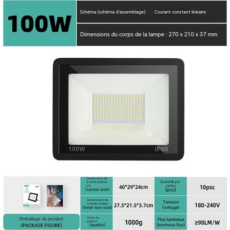 Projecteur LED 100W étanche IP66, éclairage extérieur 180‑240V, courant constant linéaire, lumière blanche neutre 4000K, jardin usine
