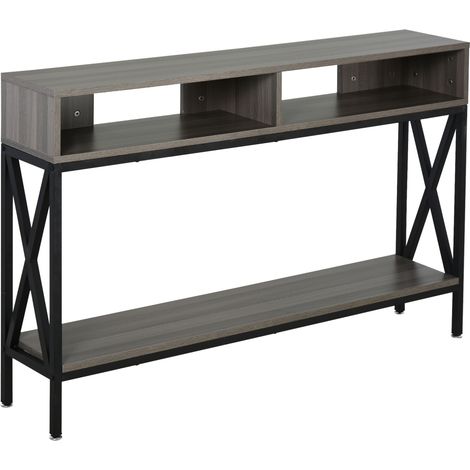 Table console d'entrée industrielle avec étagères, rangement multiple, 120 x 23,5 x 75 cm, bois gris (1/5)