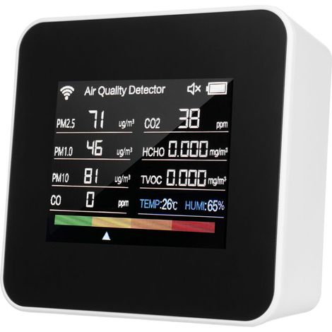 Tuya 14-in-1 Indoor Air Quality Monitor with WiFi, CO₂, CO, TVOC, HCHO detector, temperature, humidity, PM2.5, PM1.0, PM10, 2.8-inch TFT color screen, mobile app control, alarm