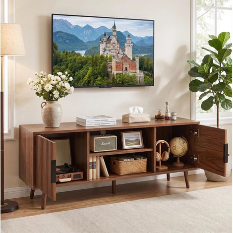 Meuble TV avec étagères ouvertes en bois de noyer, 138 x 39 cm, design Mid-Century (1/5)
