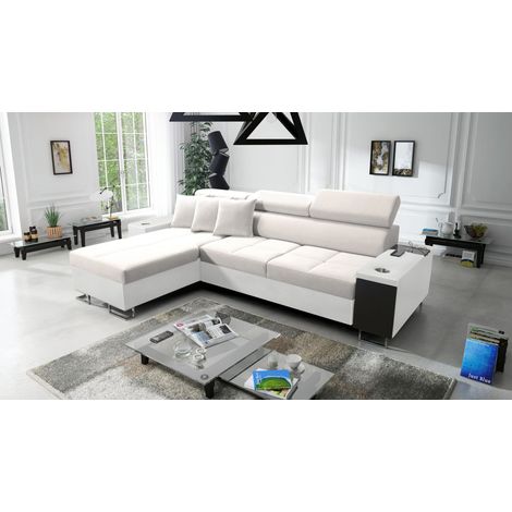 Bequemes Ecksofa mit Schlaffunktion MORENA I MAXI Kunstleder/Uttario Velvet Weiß/Ecru Links (1/5)