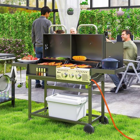 Barbecue au Charbon et au Gaz avec 3 Brûleurs et un Couvercle, Thermomètre, Roues et Étagères, Noir (1/5)