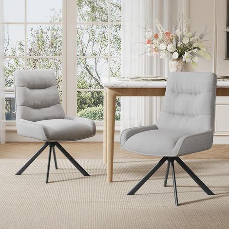 Drehstuhl Esszimmer 2er Set, 360° drehbar, Chenille, hohe Rückenlehne, Metallbeine, Hellgrau (1/5)