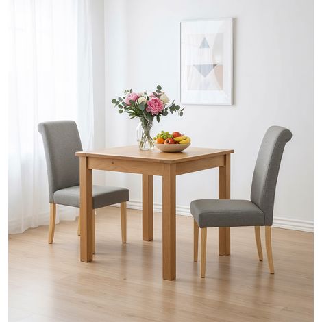 Hallowood Furniture Hereford Oak Small Dining Table and 2 Chairs, Square Light Oak Kitchen Table and 2 Roll Top Linen Fabric Dining Chairs in Grey, Modern Minimalist Set for Homes or Cafes