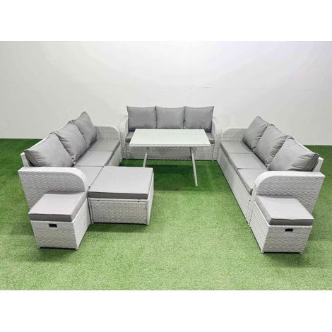 Fimous 12 Seat Outdoor PE Rattan Garden Furniture with Cushions 3 Seater Sofa 3 Stool Light Grey (1/4)