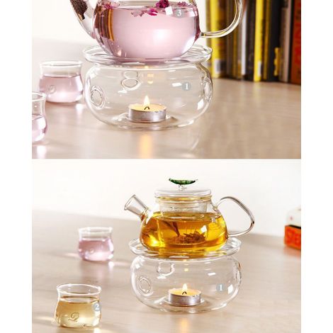 Théière en verre borosilicate épais résistant à haute chaleur avec socle chauffant et bougie réchaud (1/5)