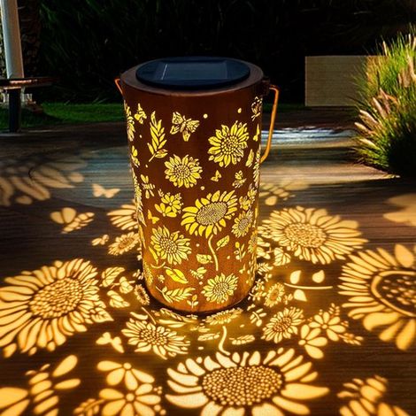 Lampe décorative d'extérieur pour terrasse et camping – Lampe de jardin solaire – Lanterne en fer à motif tournesol – Éclairage extérieur solaire – Lampe de camping décorative – 20 x 12 cm (1/5)