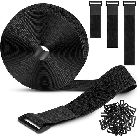 Attaches de câble réglables 10 m x 2 cm avec 50 boucles, noires et réutilisables, fermeture Velcro pour la gestion des câbles, noires (1/5)