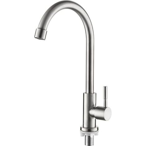 Robinet d'évier froid mural, mélangeur unique pivotant 360°, bec orientable, inox brossé argenté, usage cuisine moderne (1/4)