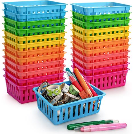 Lot de 24 paniers de rangement pour salle de classe, petits paniers en plastique pour organisation, plateaux de rangement colorés, bacs de rangement pour crayon, bureau, tiroir, maison, bureau (1/5)