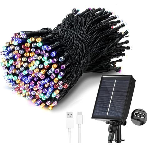 Guirlande Lumineuse Exterieure Solaire, 【Charge USB】, 20M 200 LED Guirlande Solaire, 8 Modes, Etanche, Décoration pour Jardin, terrasse, Balcon (Blanc Chaud)