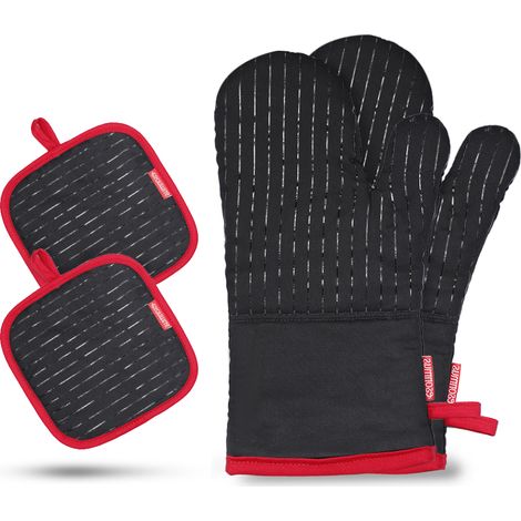 Set de 4 maniques en coton et silicone noir rouge 33x16,5 cm et porte-casseroles 17,5x17,5 cm anti-chaleur 230°C antidérapant avec languette pour suspendre