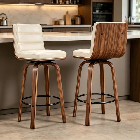 Set de 2 taburetes de bar giratorios con respaldo ergonómico y reposapiés, estructura de metal, madera y PU - crema (1/5)