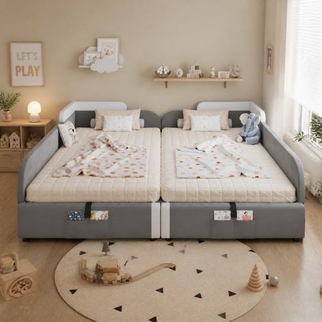 Letto per bambini imbottito 90/200 cm x2 grigio e bianco, con contenitore idraulico (1/5)