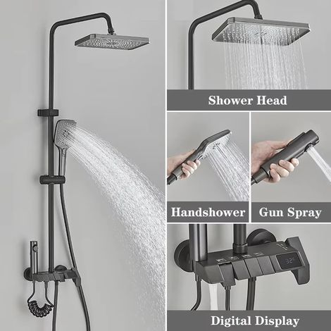 (Gris avec affichage numérique) Ensemble de douche Piano Digital 4 fonctions : robinetterie de salle de bain, eau chaude et froide, effet cascade, affichage numérique, système de douche à effet pluie (1/5)