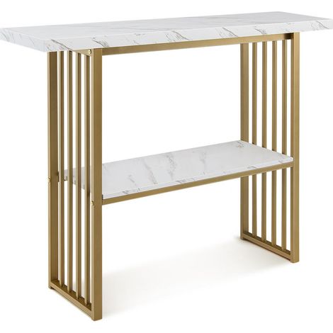 Besoin de rangement sans encombrer Table console blanche avec plateau effet marbre et cadre doré, 2 niveaux (1/5)