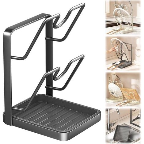 Organizzatore per coperchi di pentole - ripiano da cucina - porta coperchi - robusto e durevole - facile da pulire - consente di risparmiare spazio in cucina - pezzo unico (doppio strato nero) (1/5)