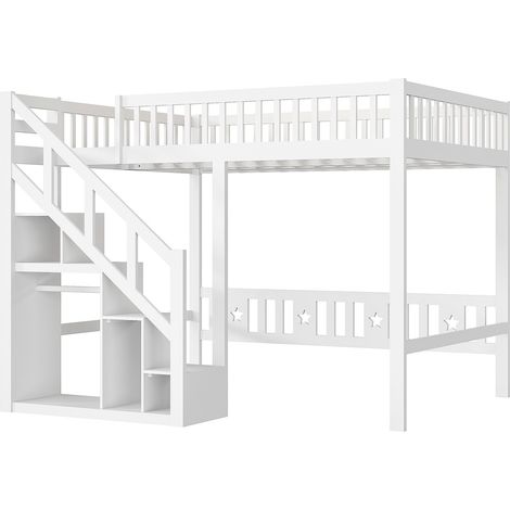 Lit mezzanine 140x200,lit mezzanine enfant avec escalier de rangement,penderie intégrée,étagère de rangement,barrière de lit antichute,lit en bois massif,blanc — vue 4