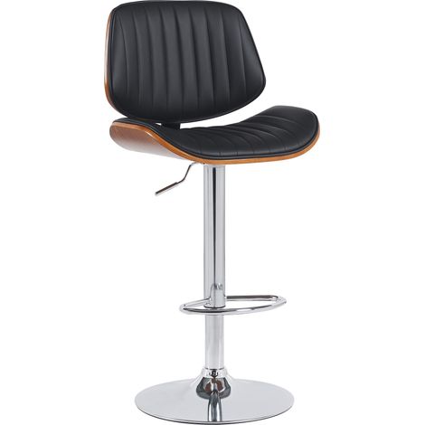 Tabouret de bar x1 style rétro moderne assise en similicuir noir bois noyer et cadre métal chromé 100005965 (1/5)