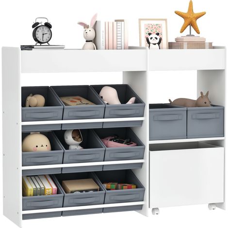 Estantería infantil Irovami, armario para juguetes con 11 cajas de tela, compartimentos superiores, 3 pegatinas, color blanco.
