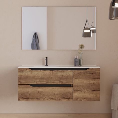 Meuble de salle de bain 120cm avec vasque déportée à gauche et miroir - 2 tiroirs et un placard - tabaco (bois foncé) - ZARZA (1/5)