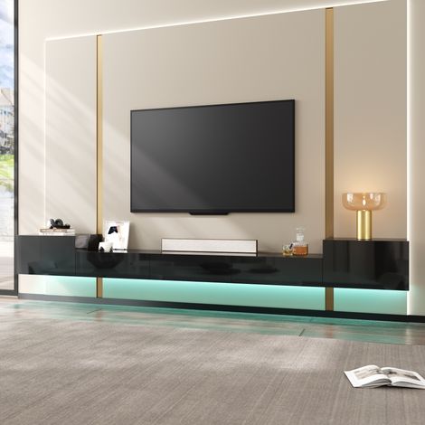 Meuble tv suspendu - 245x30x26 cm - meuble bas de salon à portes brillantes avec éclairage led contrôlable par application - noir (1/5)