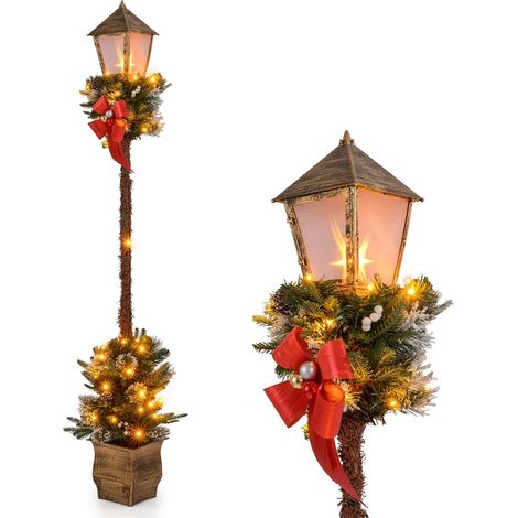 COSTWAY Lampadaire de Noël Lumineux LED 187 cm, Decoration Noel Exterieur Interieur, 50 Lumières LED, Design Détachable, Branches Enneigées, Baies Blanches, Pommes de Pin, Base Lestée (1/5)