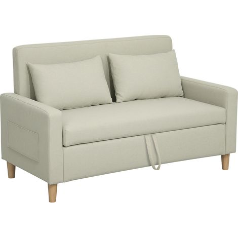 HOMCOM sofá de 2 plazas tapizado en lino sintético con 2 almohadas espacio de almacenamiento y patas de madera carga 240 kg 135x71x84 cm beige