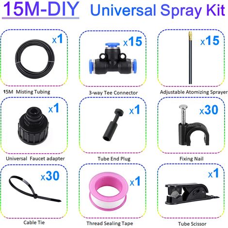 Kit de pulvérisation universel flexible (15 m) avec buses réglables en cuivre jaune de 20 cm pour l'arrosage du jardin et des pelouses. (1/5)