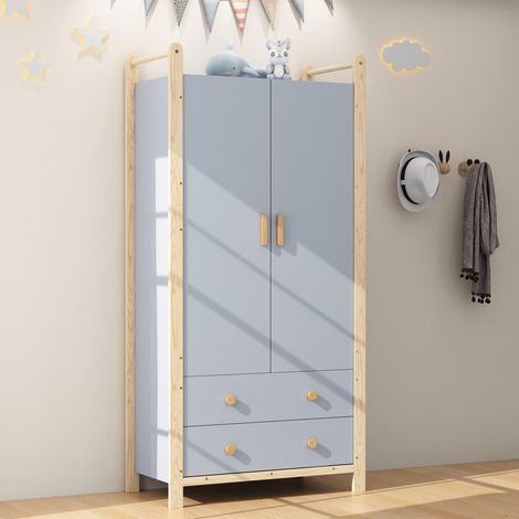 Armoire à 2 portes avec penderie et 2 tiroirs, idéale pour une chambre, un salon ou une entrée. Fabriquée en panneaux de particules, structure bleue et cadre en pin. Dimensions : 90 × 45 × 180 cm.