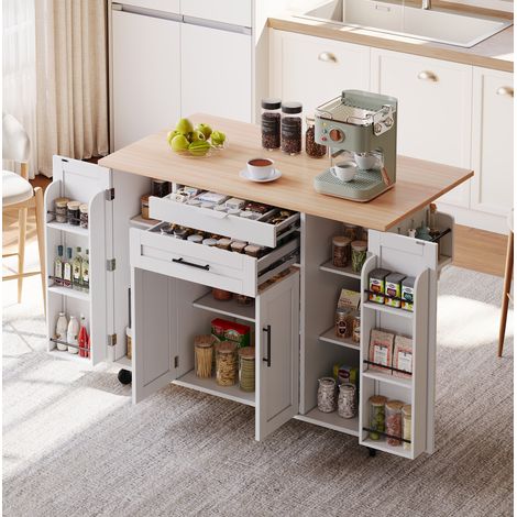 Desserte de cuisine 136x70x92 cm avec tablette extensible, blanc et naturel (1/5)