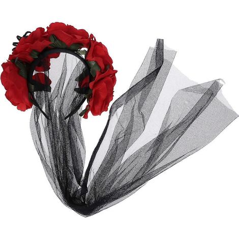 Voile en dentelle pour Halloween, serre-tête avec boucle et rose artificielle, bandeau araignée, accessoires de coiffure pour Halloween et Jour des Morts, rouge-Black (1/2)