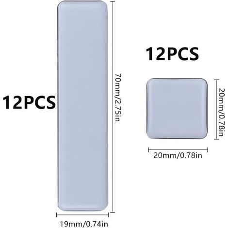 24 patins PTFE adhésifs gris pour meubles, protection des sols (19x70mm, 20x20mm). (1/4)