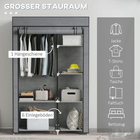 Armoire de rangement en tissu gris foncé, 6 étagères + 1 barre de penderie, meuble dressing compact (1/4)