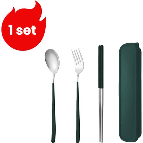 Ensemble de couverts portables 3 pièces en acier inoxydable avec fourchette cuillère et baguettes pour repas en extérieur vert foncé (1/5)