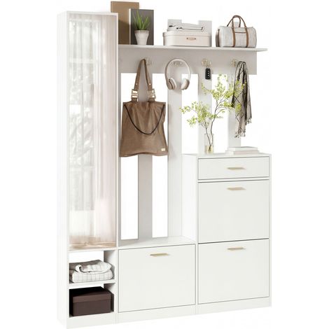 Mueble de entrada con 3 Zapateros Abatibles, 1 Cajón, Espejo y Ganchos, en Tablero de Partículas, 133×23.5×180 cm (1/5)