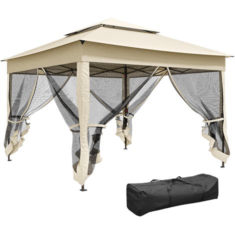 Tonnelle de jardin pop-up pliant 3 x 3 m métal polyester imperméabilisé anti UV moustiquaires sac de transport crème (1/5)