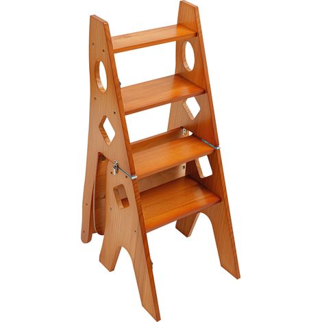 Chaise D'échelle De Bibliothèque Pliante en Bois Massif Escabeaux Escabeau Tabouret Pliable À 4 Marches Escabeaux À Double Usage 4 Marches d'escalade Présentoir Porte-Fleurs, marron (1/5)