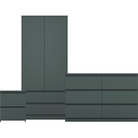 Denver 3 Piece Bedroom Set (2 Drw Bedside Chest, 6 Drw Chest, 2 Door 2 Drw Wardrobe), Green (1/4)