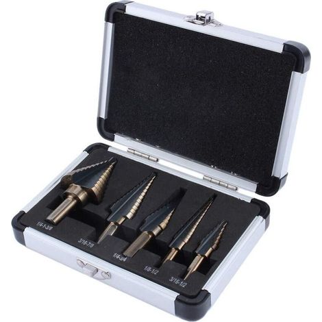 Jeu de forets étagés — 5 forets étagés en acier rapide (HSS) — Adaptés au métal et au bois, couvrant 50 tailles (de 1/8" à 1-3/8") — Inclut un coffret de rangement en alliage d'aluminium.